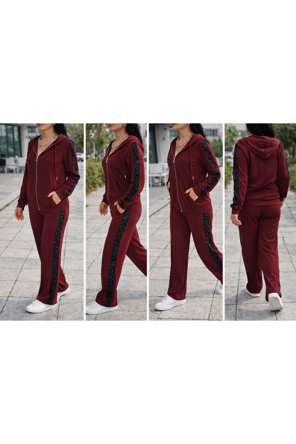 KADIN EŞOFMAN TAKIMI KAPÜŞONLU FERMUARLI BOL PAÇA YANLARI ŞERİTLİ PAYETLİ MODEL - Bordo