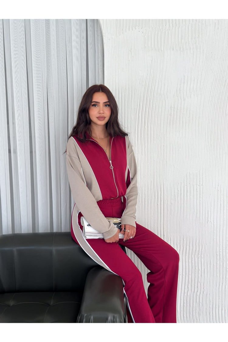 KADIN TREND EŞOFMAN TAKIMI DİK YAKA FERMUARLI BOL PAÇA YANLARI ŞERİTLİ AYSHO MODEL - BORDO-BEJ