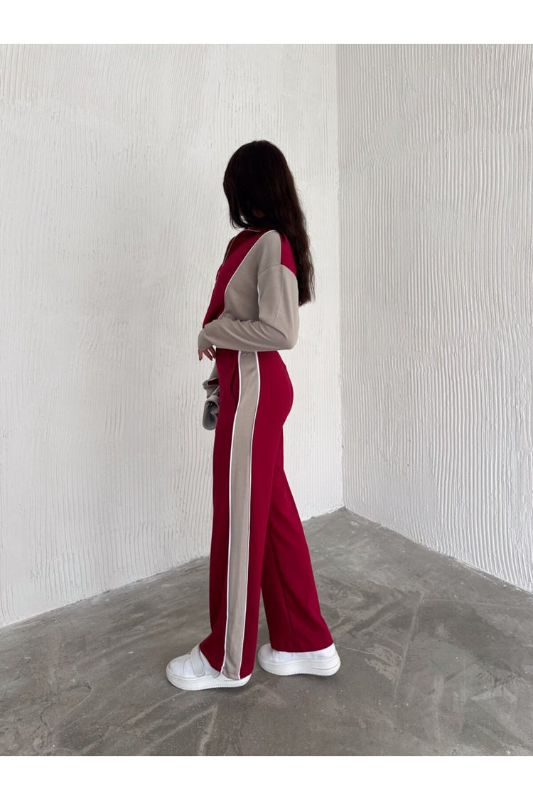 KADIN TREND EŞOFMAN TAKIMI DİK YAKA FERMUARLI BOL PAÇA YANLARI ŞERİTLİ AYSHO MODEL - BORDO-BEJ