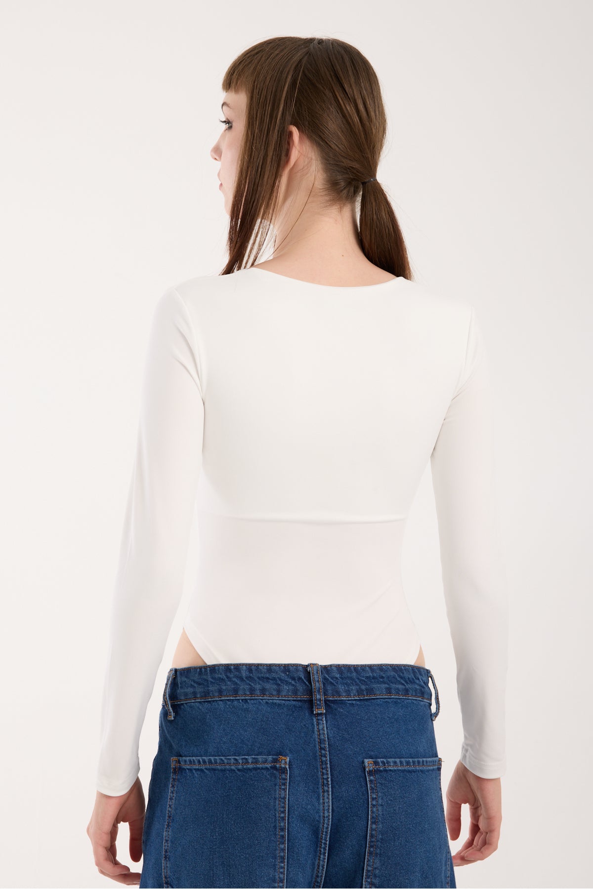 KADIN KARE YAKA UZUN KOLLU ÇITÇITLI/ZIBIN BODY - Beyaz