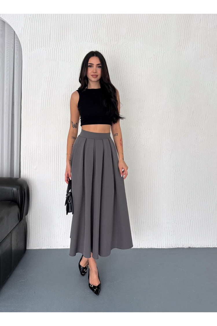 KADIN DABIL KUMAŞ PİLELİ 91 CM TAM BOY UZUN ETEK - FÜME