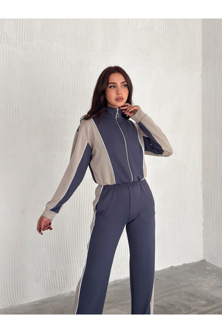 KADIN TREND EŞOFMAN TAKIMI DİK YAKA FERMUARLI BOL PAÇA YANLARI ŞERİTLİ AYSHO MODEL - FÜME-BEJ