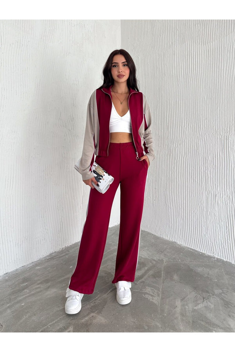 KADIN TREND EŞOFMAN TAKIMI DİK YAKA FERMUARLI BOL PAÇA YANLARI ŞERİTLİ AYSHO MODEL - BORDO-BEJ